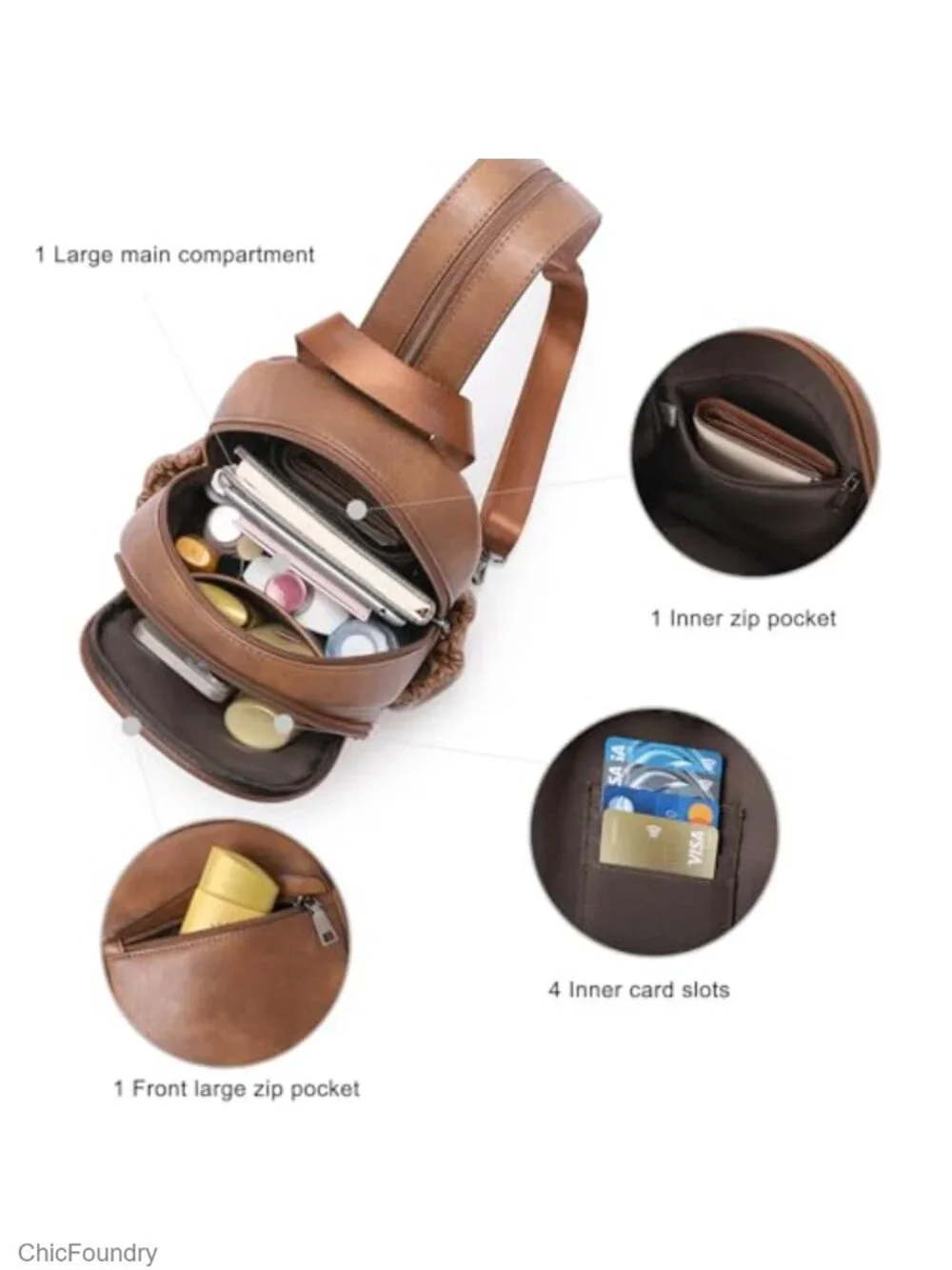 Sling Backpack Convertible Crossbody PU Leather Small Travel Purse